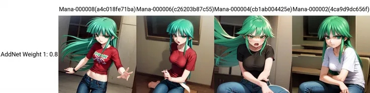 solo, Tsukuyomi Mana, green hair, green eyes, sidelocks, long hair, t-shirt, jeans, angry, sitting at a restaurant
