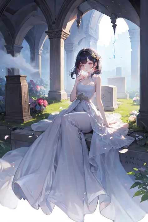 best quality,masterpiece,absurbres,super-resolution,1girl,doll,grave,dungeon,gown,on back,fog,