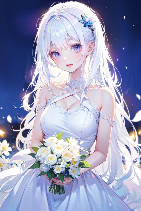 ((best quality, masterpiece, absurbres, super-resolution))1girl, White flower garden, Starry night, white hair, White lace dress, Subsurface Scattering, soft atmosphere lighting