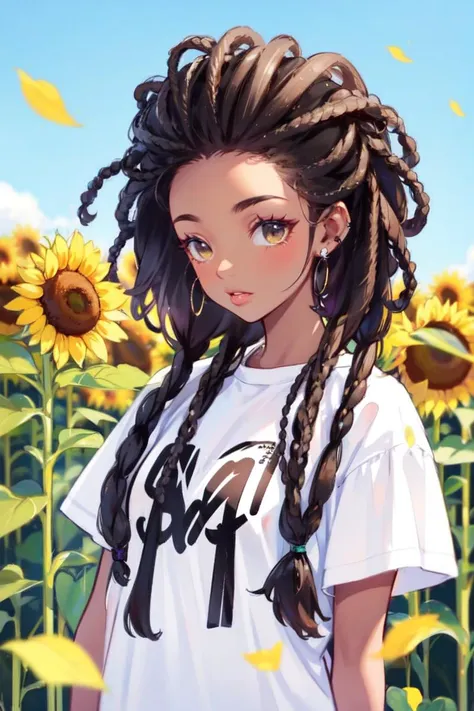 a black woman with colorful dreadlocks, in a sunflower garden