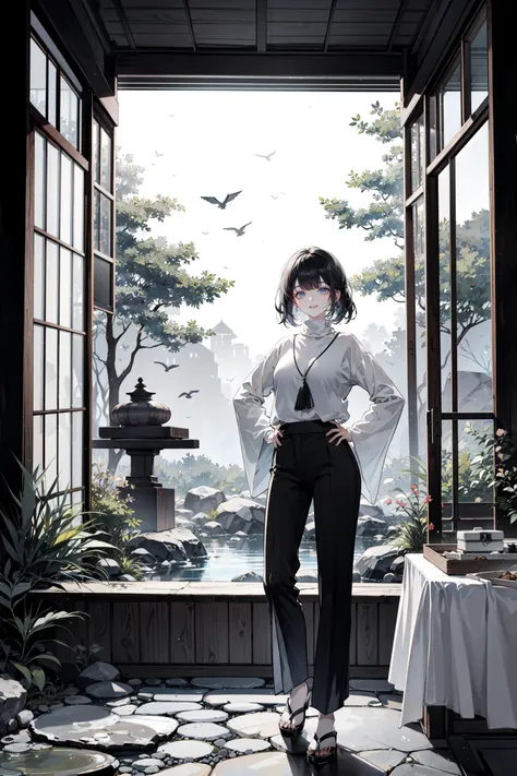 ((best quality, masterpiece, absurbres, super-resolution)), Grayscale, trippy, peacock, turtlenecktank top, Posing with one hand on hip and the other arm extended outward., Experience the serenity of a traditional Japanese Zen garden, with its carefully placed rocks, raked gravel patterns, and sparse vegetation, designed to evoke a sense of tranquility and meditation,