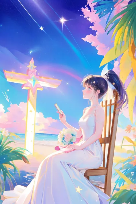 1girl, professional Cycles render, fantasy On pale dark rainbow paper, masterpiece Concept art, award winning, profile of a [1950S Suburbia|Sophisticated] Uninspired burly Catalan ([Aya|Maria]:1.3) , she is sitting in a Intense Beach chair, she is in awe as a Star mage, the Star mage is dressed in her Wedding dress, The Wedding dress is Striking and is detailed with bits of Gator skin, she has High ponytail hair, the Star mage has a Pitiful Skater fluorescent green Crazy Eyes, Wallet, desolate garden and Interstellar medium in background, at Dusk, split diopter, Visual novel, Depressing, Rave Fashion, rim light, Depth of field 270mm, Cinestill, Rule of Thirds, silhouette, sharp and in focus, realistic and detailed, Unsplash, wallpaper, (impressionism art by Gifford Beal:0.7) , (Erna Rosenstein:0.7)