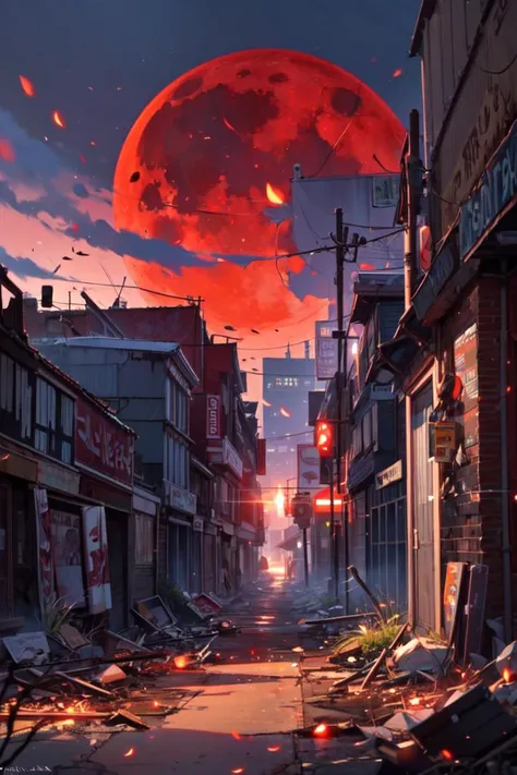 a post-apocalyptic city, under a red moon