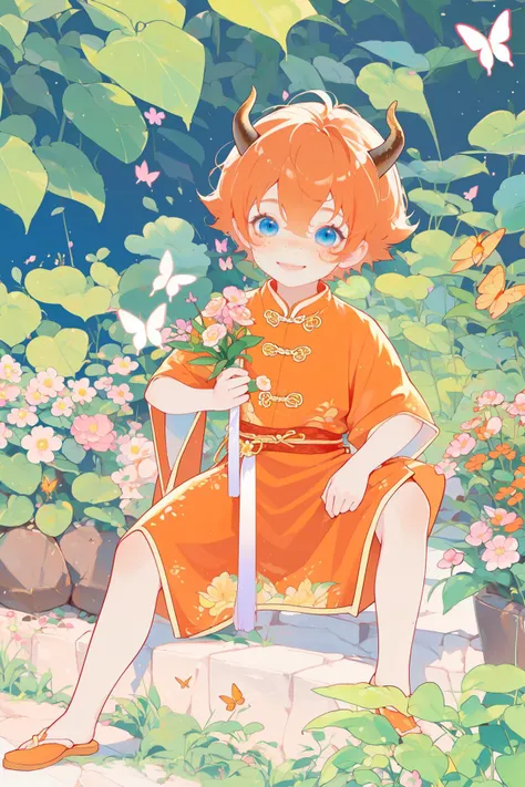 ((best quality, masterpiece, absurdres, super-resolution)),
(1boy:1.1),gradient hair,brown hair and orange hair,blue eyes,freckles,little dragon chinese horns,chinese clothes,kawaii,outdoor,garden,butterflies,flowers,(intricate details:0.9),smile,