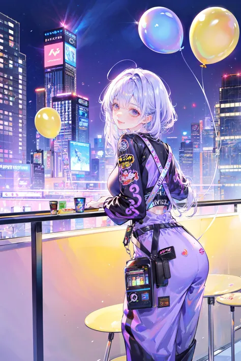 ((best quality, masterpiece, absurdres, super-resolution)) Purple and orange color, Gachapon Machine, Leaning on an invisible table, Worm's Eye View, close-up, Balloon pants, beautiful scenery, cyberpunk city