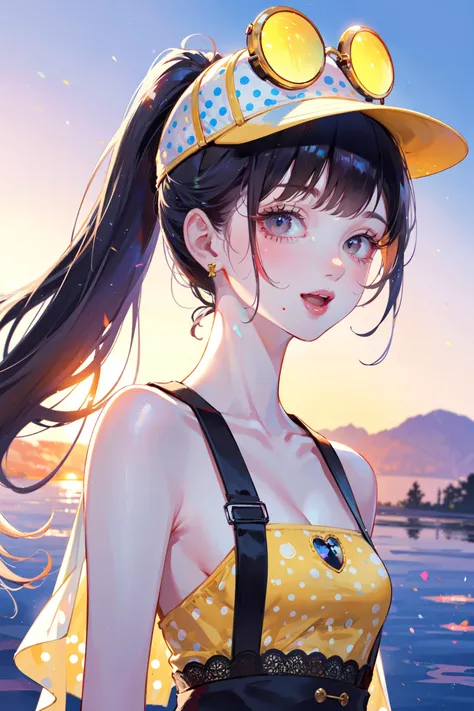 ((best quality, masterpiece, absurbres, super-resolution)), 1girl,Red Sunset, ((Blue with yellow polka dot)), retro fashion, high ponytail, orange jelly visor
