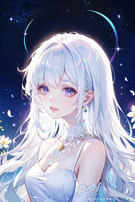 ((best quality, masterpiece, absurbres, super-resolution))1girl, White flower garden, Starry night, white hair, White lace dress, Subsurface Scattering, soft atmosphere lighting