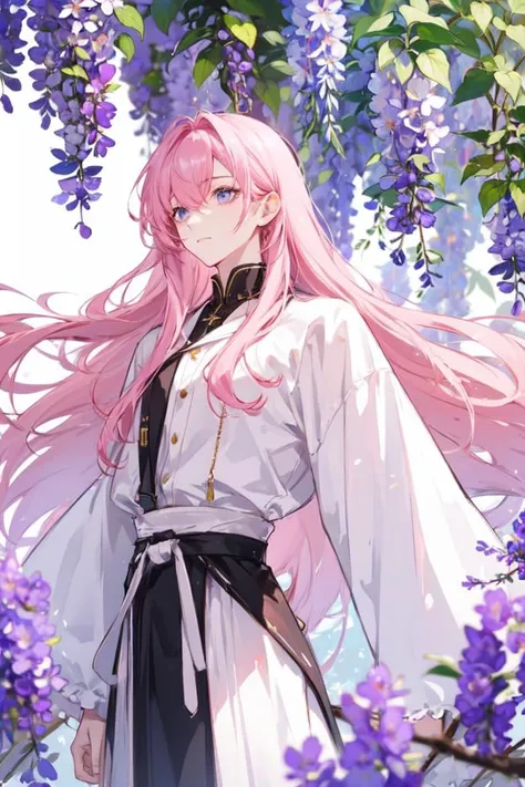 a man with long pink hair, in a wisteria forest