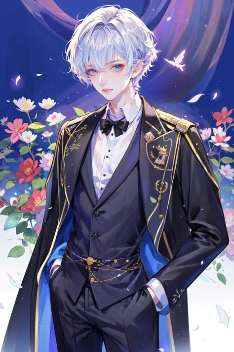 ((best quality, masterpiece, absurdres, super-resolution)) 1boy, gothic prince, (ouji fashion), black flowers, silver crown, handsome, young royalty, tight tailored pants