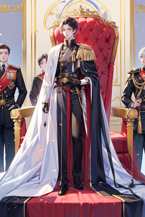 ((best quality, masterpiece, absurdres, super-resolution)) 1boy, tense atmosphere, fierce looking, demanding prince, mature male, handsome, black leather glove, throne, royalty, rows of knights standing in line