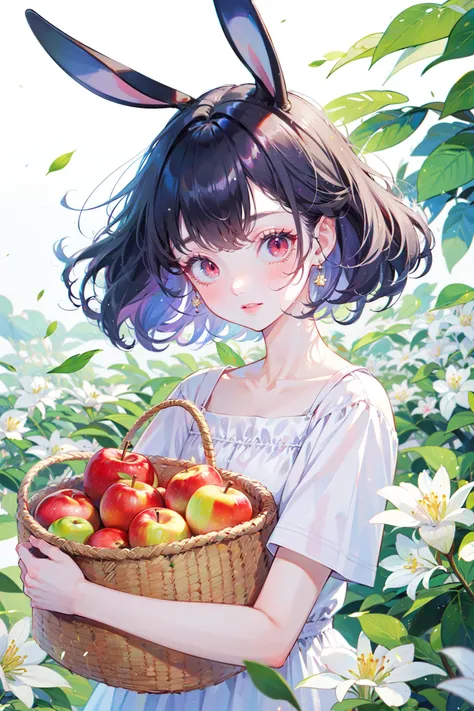 ((best quality, masterpiece, absurbres, super-resolution)),  (Blue Rabbit \(animal\)), white lily, red eyes, basket, apples