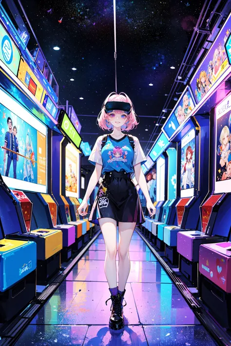 ((best quality, masterpiece, absurbres, super-resolution)),  Hologram, vaporwave, Train, overall, starry print T-shirt, Walking with one hand touching a wall., Virtual reality arcade with immersive gaming experiences.,