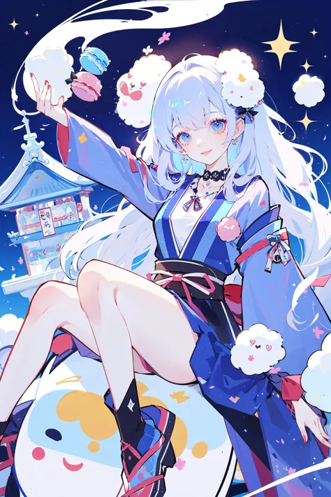 ((best quality, masterpiece, absurdres, super-resolution)) Icy Platinum color, Macaroon, __femalePosesWildcard400_v10/female-poses__, __wildcardSetMainlyForRandomGenerationOfKawaii_v20/wildcards/clothesA__, __attractionsInJapan_v10/traditional_japanese_buildings__