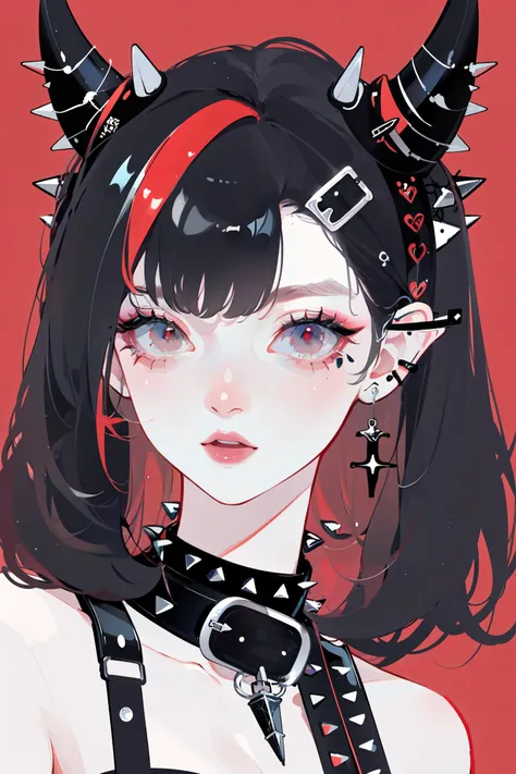 ((best quality, masterpiece, absurdres, super-resolution)), (red and black:1.2), Cute portrait, detailed eyes, (kawaii), Goth Punk fashion, chocker, (spikes), hair clips, (buckles), spike earring, punk earring, horns