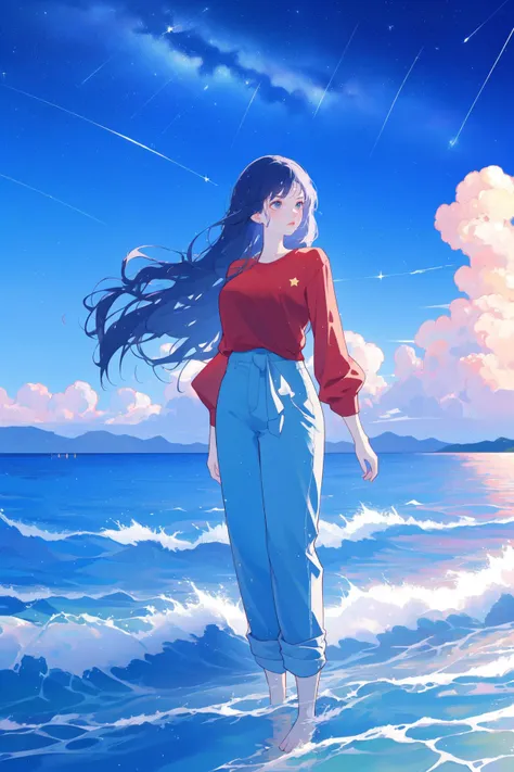 ((best quality, masterpiece, absurdres, super-resolution)),
1girl,long  hair,star (sky),sky,skirt,night,barefoot,starry sky,water,blue theme,wading,outdoors,night sky,ocean,red shirt,scenery,cloud,horizon,waves,rock,standing,milky way,beach,standing,grey pants,rolled up pants,mountain,moonriver,