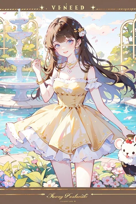 ((best quality, masterpiece, absurdres, super-resolution)) Light Golden Brown color, Sheep, __femalePosesWildcard400_v10/female-poses__, __wildcardSetMainlyForRandomGenerationOfKawaii_v20/wildcards/clothesB__, fantastic scenery, fountain