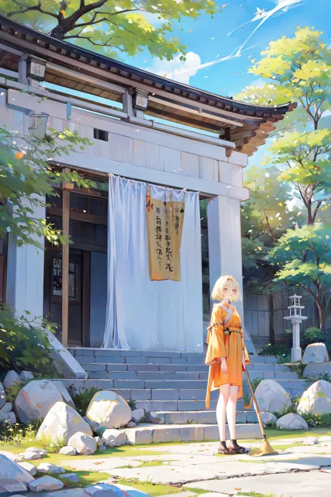 ((best quality, masterpiece, absurdres, super-resolution)) Dirty Blonde and orange color, , , from below, full body, Romper, Step into the peaceful surroundings of Ryoan-ji Temple's dry rock garden, with its carefully arranged stones and raked gravel, representing a minimalist and meditative aesthetic