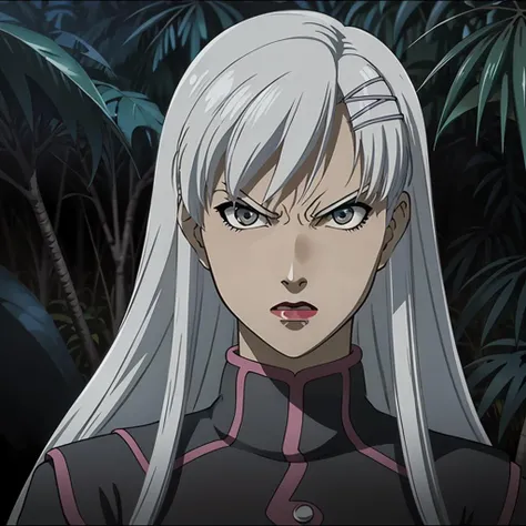 ((anime version))With a scar on her face that extends from her lip to her eyebrow running down her cheek, there is a woman ((strong muscular)) big arms slim big strong full bodied defined with long white hair and dark brown eyes is wearing an orange prison shirt, sitting on a cement bench in a prison cell alone with a defiant look.