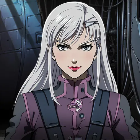 <lora:NoraPolyansky002:0.7>,solo,smile,
NoraPolyansky,1girl,
hairclip,grey eyes,red lips,
pilot suit,