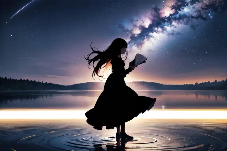 realistic,professional lighting,cinematic angle,(wide shot:1.5),(from side:1.2),full body,stylish pose,<lora:anti_longtorso_v10:2>,
BREAK
1girl,long hair,(silhouette:1.5),dress,waking,holding book,
BREAK
(lake,horizon:1.4),(reflective water:1.2),(ripples:1.2),
BREAK
outdoors,(night,at night:1.8),night sky,(star \(sky\):1.7),milky way,(shooting star:1.2),<lora:boldline:-0.5>,<lora:hyperdetailer_v095:0.2>,, (masterpiece, ultra-detailed, best quality:1.5),
(high resolution:1.5),(beautiful pretty cute face, beautiful detailed eyes:1.3),
shiny skin,shiny hair,