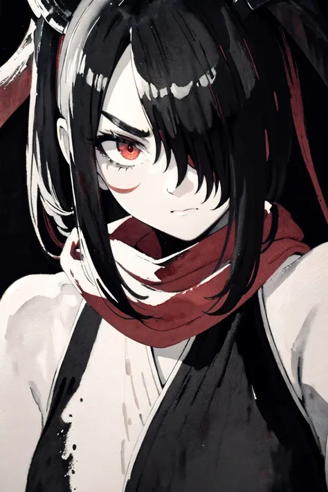 professional lighting,(monochrome:1.4),(India-ink painting:1.7),red and black,<lora:anti_longtorso_v10:2>,
BREAK
1girl,solo,angry,expressionless,(hair over one eye:1.4),(red eyes:1.4),<lora:Loraeyes_V1:0.3>,
BREAK
(ninja,kunoichi:1.5),(ninja mask,red scarf:1.2),(holding katana:1.2),(fighting stance:1.2),
BREAK
standing,(upper body:1.2),stylish pose,
BREAK
(black background,simple background:1.4),<lora:boldline:-0.5>,<lora:hyperdetailer_v095:0.2>,, (masterpiece, ultra-detailed, best quality:1.5),
(high resolution:1.5),(beautiful pretty cute face, beautiful detailed eyes:1.3),
shiny skin,shiny hair,