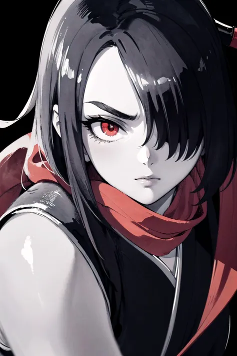 professional lighting,(monochrome:1.4),(India-ink painting:1.4),red and black,<lora:anti_longtorso_v10:2>,
BREAK
1girl,solo,angry,expressionless,(hair over one eye:1.4),(red eyes:1.4),<lora:Loraeyes_V1:0.3>,
BREAK
(ninja,kunoichi:1.5),(ninja mask,red scarf:1.2),(holding katana:1.2),(fighting stance:1.2),
BREAK
standing,(upper body:1.2),stylish pose,
BREAK
(black background,simple background:1.4),<lora:boldline:-0.5>,<lora:hyperdetailer_v095:0.2>,, (masterpiece, ultra-detailed, best quality:1.5),
(high resolution:1.5),(beautiful pretty cute face, beautiful detailed eyes:1.3),
shiny skin,shiny hair,