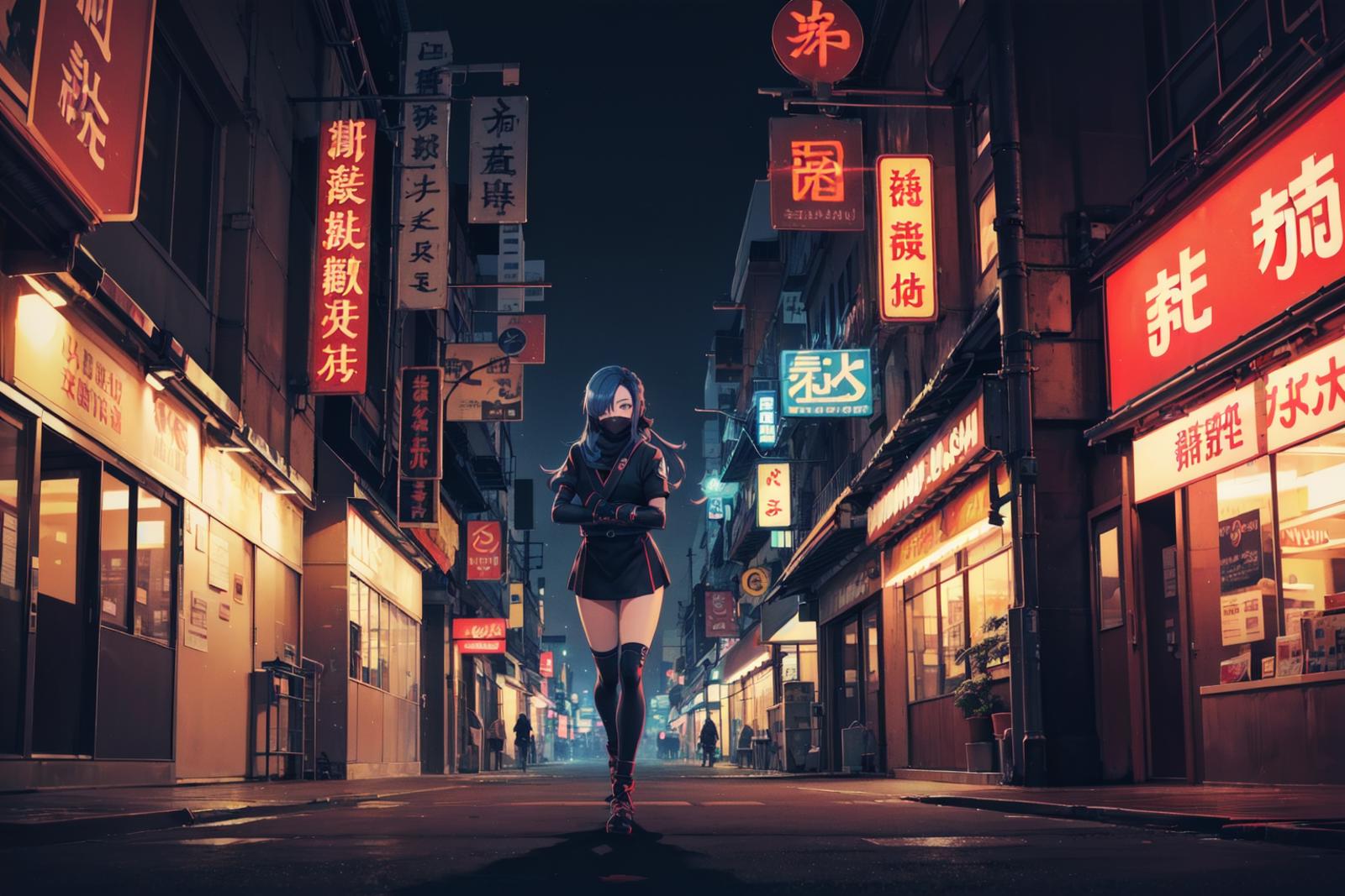 A woman in a short skirt walking down a street at night - SeaArt AI