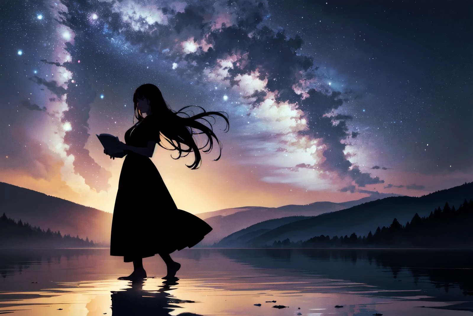 realistic,professional lighting,cinematic angle,(wide shot:1.5),(from side:1.2),full body,stylish pose,<lora:anti_longtorso_v10:2>,
BREAK
1girl,long hair,(silhouette:1.5),dress,waking,holding book,
BREAK
(lake,horizon:1.4),(reflective water:1.2),(ripples:1.2),
BREAK
outdoors,(night,at night:1.8),night sky,(star \(sky\):1.7),milky way,shooting star,<lora:boldline:-0.5>,<lora:hyperdetailer_v095:0.2>,, (masterpiece, ultra-detailed, best quality:1.5),
(high resolution:1.5),(beautiful pretty cute face, beautiful detailed eyes:1.3),
shiny skin,shiny hair,