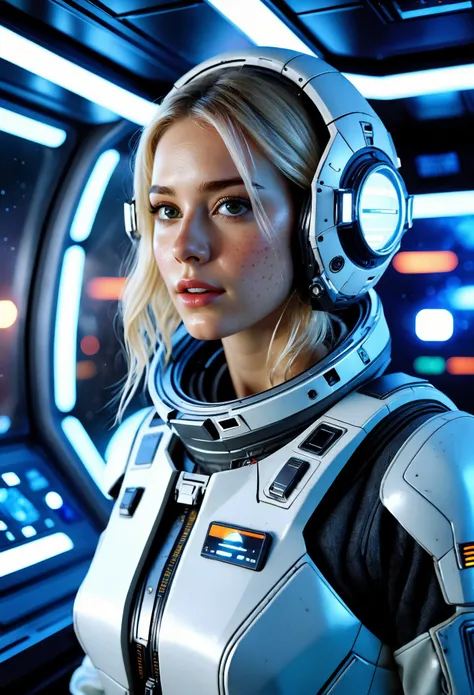 score_9, score_8_up, score_7_up, Michael Bay (dramatic scene:1.2),Cinematic photo, a cute girl, 22 years old, blonde hair, (wearing high tech space suite), SciFi scene, pale skin, Porta 160 color, shot on ARRI ALEXA 65, bokeh, sharp focus on subject, highest details, photorealistic, high background details, foggy spaceship interior, high sci-fi cockpit details, action atmosphere, godrays, 8k, raytracing, <lora:Better_cleavage:0.5>, <lora:breastsizeslideroffset:-0.26>, ((detailed dramatic background)), <lora:anti_longtorso_v10:1>
