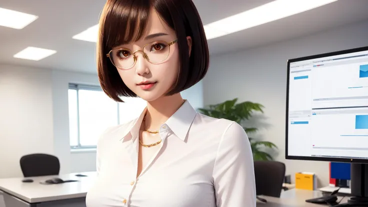 high detailed, professional photo, best quality, realisticphoto, one female standing in office and looking at viewer, cute faces, detailed pretty eyes, shiny lips, shiny skin, smirk, bob cut, white office clothes, glasses,  long torso<lora:anti_longtorso_v10:2>, <lora:weight_slider_v2:-1>