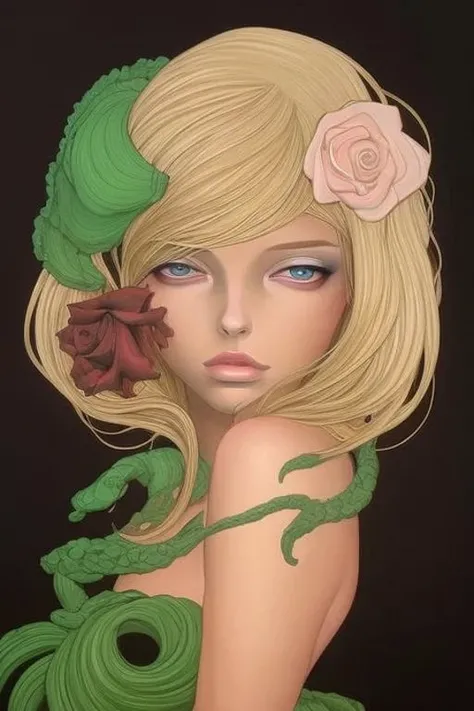 (Award Winning Painting:1.3) of (Ultra detailed:1.3),(Satisfying:1.3) a woman (blonde hair, green eye), black rose background <lora:audrey_kawasaki:0.8>