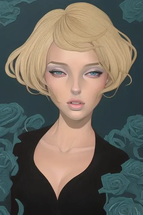 (Award Winning Painting:1.3) of (Ultra detailed:1.3),(Amusing:1.3) a woman (Ana de Armas) (blonde hair, green eye), black rose background <lora:audrey_kawasaki:0.8>