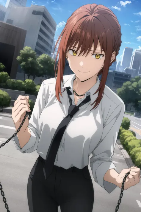 rebuild style, 1girl, solo, makima \(chainsaw man\), red hair, bangs, collared shirt, black necktie, looking at viewer, medium hair, white shirt, yellow eyes, (ringed eyes), shirt, medium breasts, black pants, (holding chain), chain, evil smile, cowboy shot, cityscape, day, blue sky,  <lora:makimaChainsawMan_offset:1>, <lora:rebuildOfEvangelion_v4b-26:0.65>,