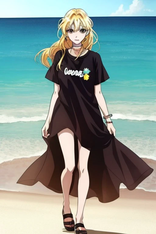 Anime, blonde hair, long eyelashes, <lora:roxanna1:0.7>, t-shirted, full body, beach