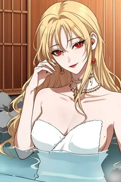 blonde hair, long and fluffy eyelashes,(wavy long hair),(red eyes:1.2), <lora:roxanna1:0.7>, masterpiece, best quality, realistic, handsome, (upper body:1.3), realistic, detailed, balanced, (topless:1.3), red butterflies, towel, (onsen), sidelighting, wallpaper, nsfw,