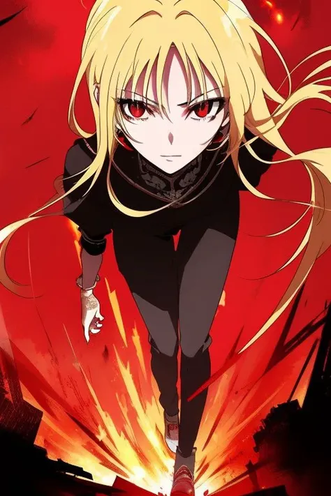 Anime, blonde hair, long eyelashes,(red eyes:1.2), <lora:roxanna1:0.7>,(best quality) (masterpiece), (detailed background, fantasy world),(beautiful detailed face:1.5),smoke, flames, sparks, flying debris, intense action,full body red armor ,walking ,looking at viewer,handed sword,full body beautiful, sharp face,floating hair, dynamic angle,blood splatter, sunrise,