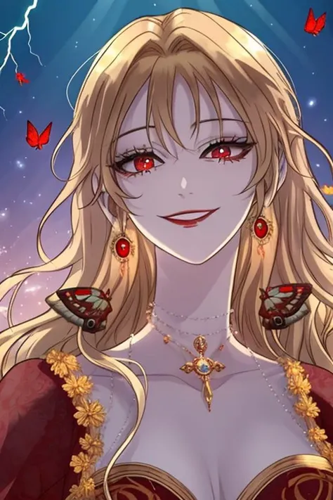 blonde hair, long and fluffy eyelashes,(wavy long hair),(red eyes:1.2), <lora:roxanna1:0.7>, evil smile, masterpiece, best quality, realistic, handsome, realistic, detailed, balanced, red butterflies, symbol-shaped pupils, goddess of lightning, thunder, glowing, magic circle, backlighting, light particles, light rays, wallpaper,