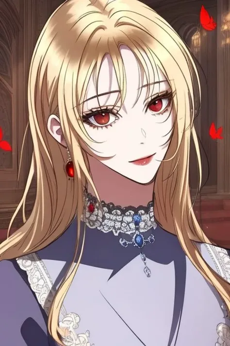 blonde hair, long and fluffy eyelashes,(wavy long hair),(red eyes:1.2), <lora:roxanna1:0.7>, masterpiece, best quality, realistic, handsome, realistic, detailed, balanced, red butterflies, school uniform, indoors, glowing, sidelighting, wallpaper,