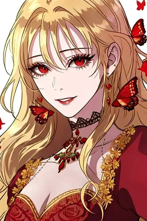 blonde hair, long eyelashes,(wavy long hair),(red eyes:1.2), <lora:roxanna1:0.7>, masterpiece, best quality, realistic, handsome, (upper body:1.3), realistic, detailed, balanced, topless, red butterflies