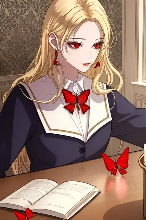 blonde hair, long and fluffy eyelashes,(wavy long hair),(red eyes:1.2), <lora:roxanna1:0.7>, masterpiece, best quality, realistic, handsome, realistic, detailed, balanced, red butterflies, school uniform, indoors, glowing, sidelighting, wallpaper,