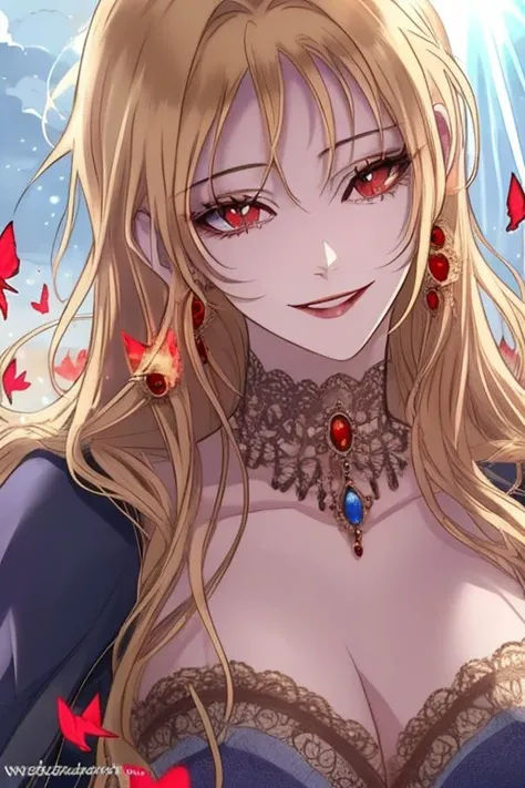 blonde hair, long and fluffy eyelashes,(wavy long hair),(red eyes:1.2), <lora:roxanna1:0.7>, evil smile, masterpiece, best quality, realistic, handsome, realistic, detailed, balanced, red butterflies, symbol-shaped pupils, goddess of lightning, thunder, glowing, magic circle, backlighting, light particles, light rays, wallpaper,