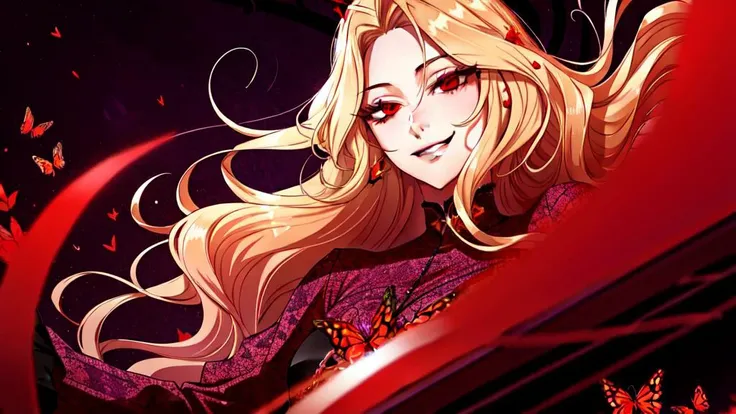 abstract dark purple background, blonde hair, long and fluffy eyelashes,(wavy long hair),(red eyes:1.2), evil smile, masterpiece:1.4, best quality, roxa, pointing at camera, <lora:roxanna_V1:0.3>, red butterflies,