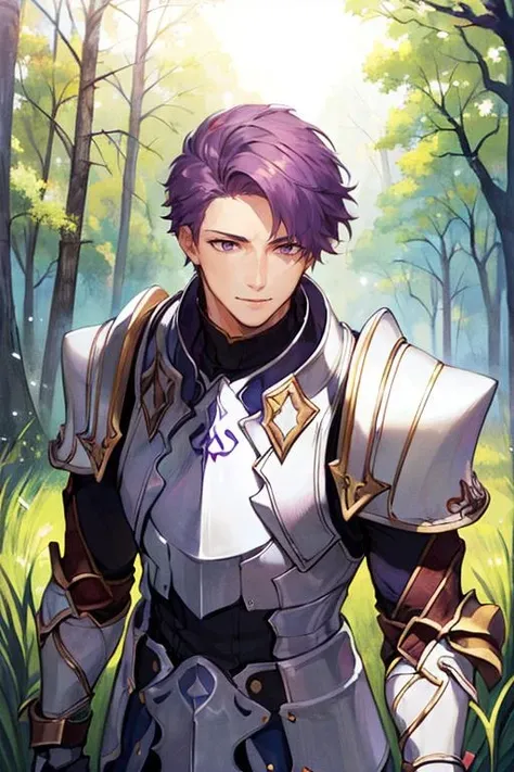 ((masterpiece)), ((best quality)), (ultra-detailed), absurdres, extremely detailed CG unity 8k wallpaper, Official Art, Accurate describe shapes, (realistic), detailed hands, expressive eyes, upper body, close-up, solo, (forest, scenery, dramatic light, illustration:1.1), (standing, arm at side, smile1.2), (1boy, mature male, muscular male, purple hair, short hair, purple eyes:1.4), (white armor, white gauntlets, white breastplate, armored boots, pauldrons:1.3), , ((masterpiece)), absurdres, HDR, lancelot - saber (fate), <lora:Lancelot (Saber) - FGO:0.7>