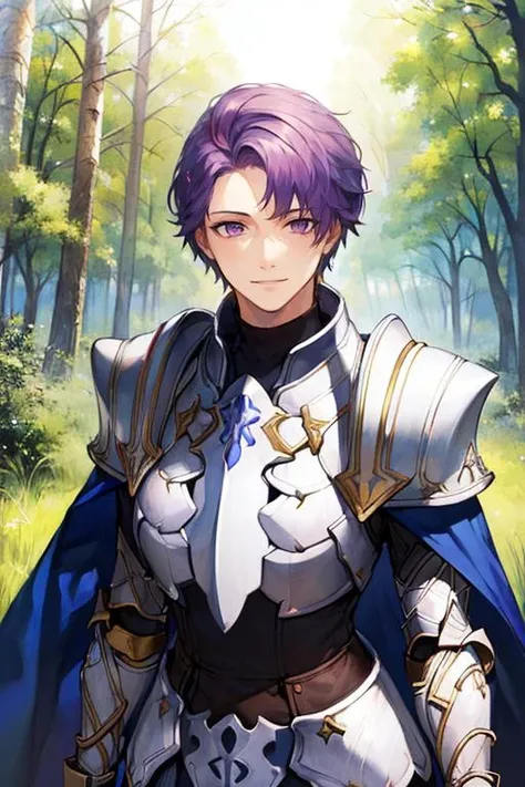 ((masterpiece)), ((best quality)), (ultra-detailed), absurdres, extremely detailed CG unity 8k wallpaper, Official Art, Accurate describe shapes, (realistic), detailed hands, expressive eyes, upper body, close-up, solo, (forest, scenery, dramatic light, illustration:1.1), (standing, arm at side, smile1.2), (1girl, mature female, large breasts, purple hair, short hair, purple eyes:1.4), (white armor, white gauntlets, white breastplate, armored boots, pauldrons, blue cape:1.3), , ((masterpiece)), absurdres, HDR, lancelot - saber (fate), <lora:Lancelot (Saber) - FGO:0.7>