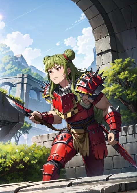(1girl, dark green hair absurdly long hair triple bun, brown eyes, <lora:hanme:0.6>, wavy mouth) (digital) ( in detailed rope bridge, (red armor, shoulder armor, spikes, checkerboard, weapon)) , best quality, <lora:boldline:0.2> <lora:hairdetailer:0.2> orkz, <lora:orkz:1>