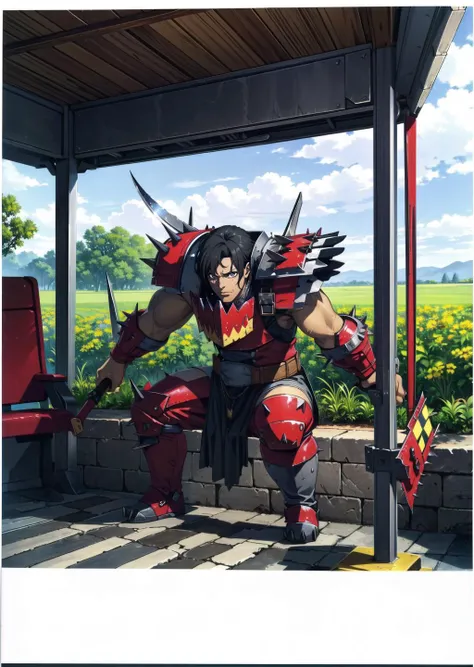 (1girl, black hair medium hair hime cut, sparkle eyes, , pain) (digital) ( in detailed bus stop, (red armor, shoulder armor, spikes, checkerboard, weapon)) , best quality, <lora:boldline:0.2> <lora:hairdetailer:0.2> orkz, <lora:orkz:1>
