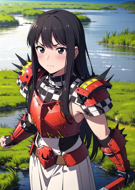 (1girl, colored tips long hair hime cut, black eyes, , full-face blush) (digital) ( in detailed wetland, (red armor, shoulder armor, spikes, checkerboard, weapon)) , best quality, <lora:boldline:0.2> <lora:hairdetailer:0.2> orkz, <lora:orkz:1>