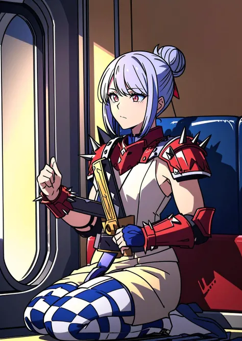 (1girl, colored inner hair medium hair single hair bun, ringed eyes, (spiralwash eyes:1.2),  <lora:spiralwashv2_1544:1>, wince) (digital) ( kneeling in detailed train interior, (red armor, shoulder armor, spikes, checkerboard, weapon)) , best quality, <lora:boldline:0.2>  <lora:hairdetailer:0.2> orkz,  <lora:orkz:1>