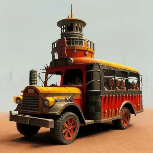 red shortbus, vehicle, (orcs, goblins:1.1), <lora:orkz:1.2>, (spikes, black and white checkerboard pattern, red armor:1.2), generic city, battle tower, rokkitz