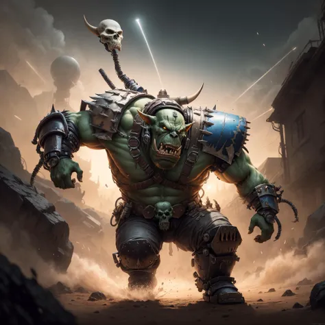 portrait of ork wearing red armor attacking, 1boy, action pose, barren planet background, <lora:orkz:0.7> , <lora:add_detail:0.6>, art of Warhammer, intricate details, cybernetic implants, mechanical arms, skull, horns, shoulder armor, orc, ork, orkz, helmet